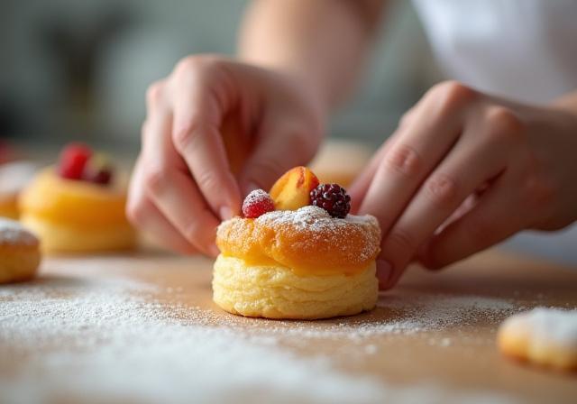 ペイストリーに最後の仕上げをするパティシエの手元